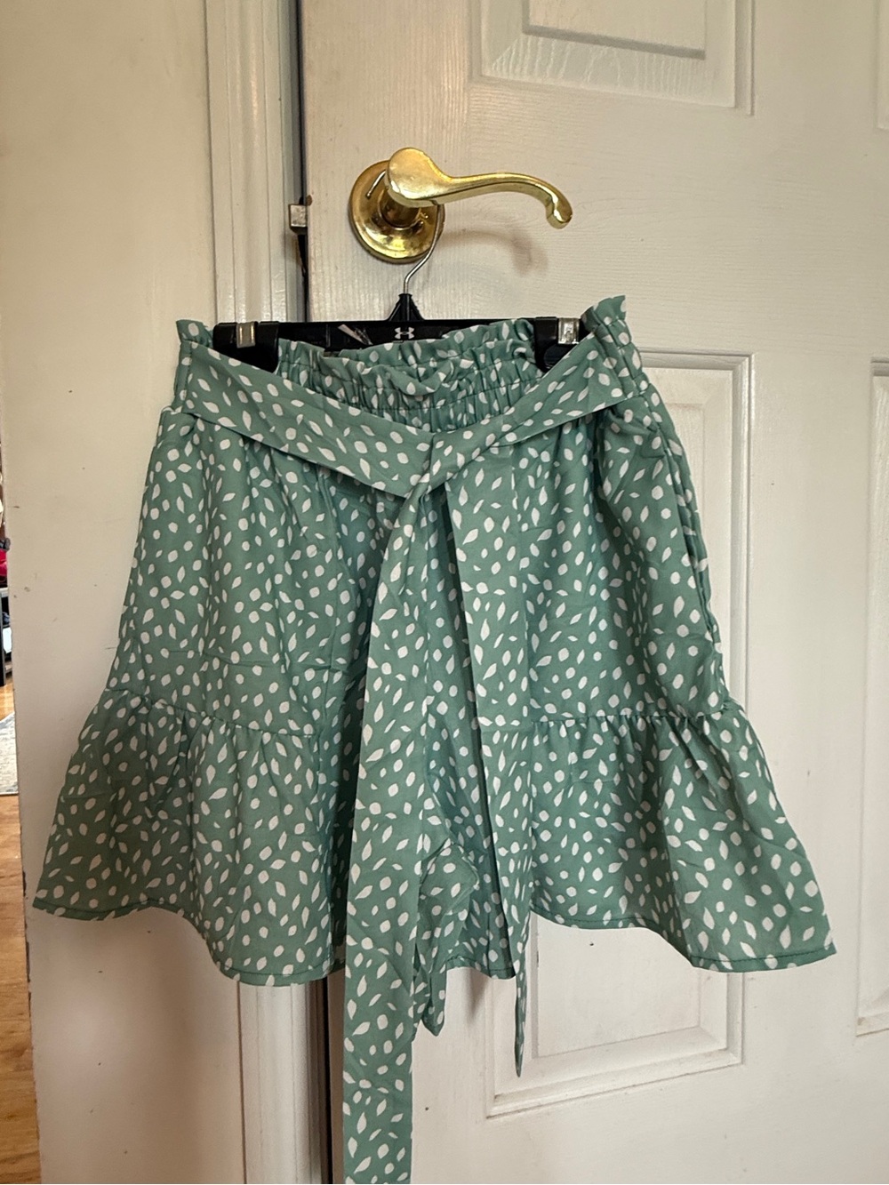 Sage Green Printed Ruffle Mini Skirt with Tie Belt